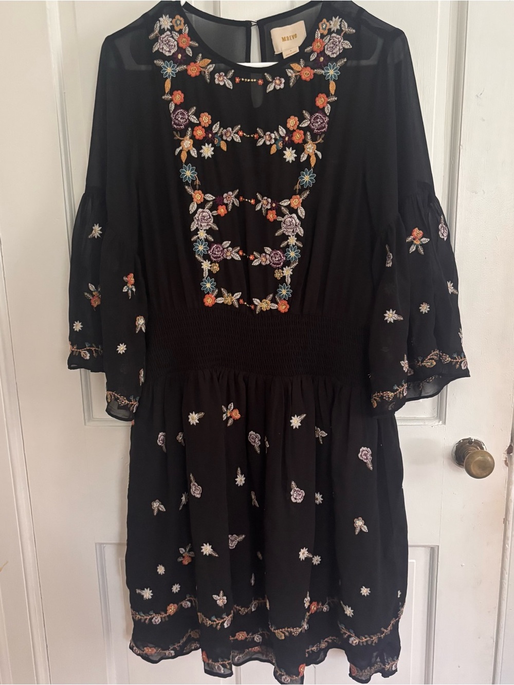 Maeve Black Floral Embroidered Top with Multicolor Blooms